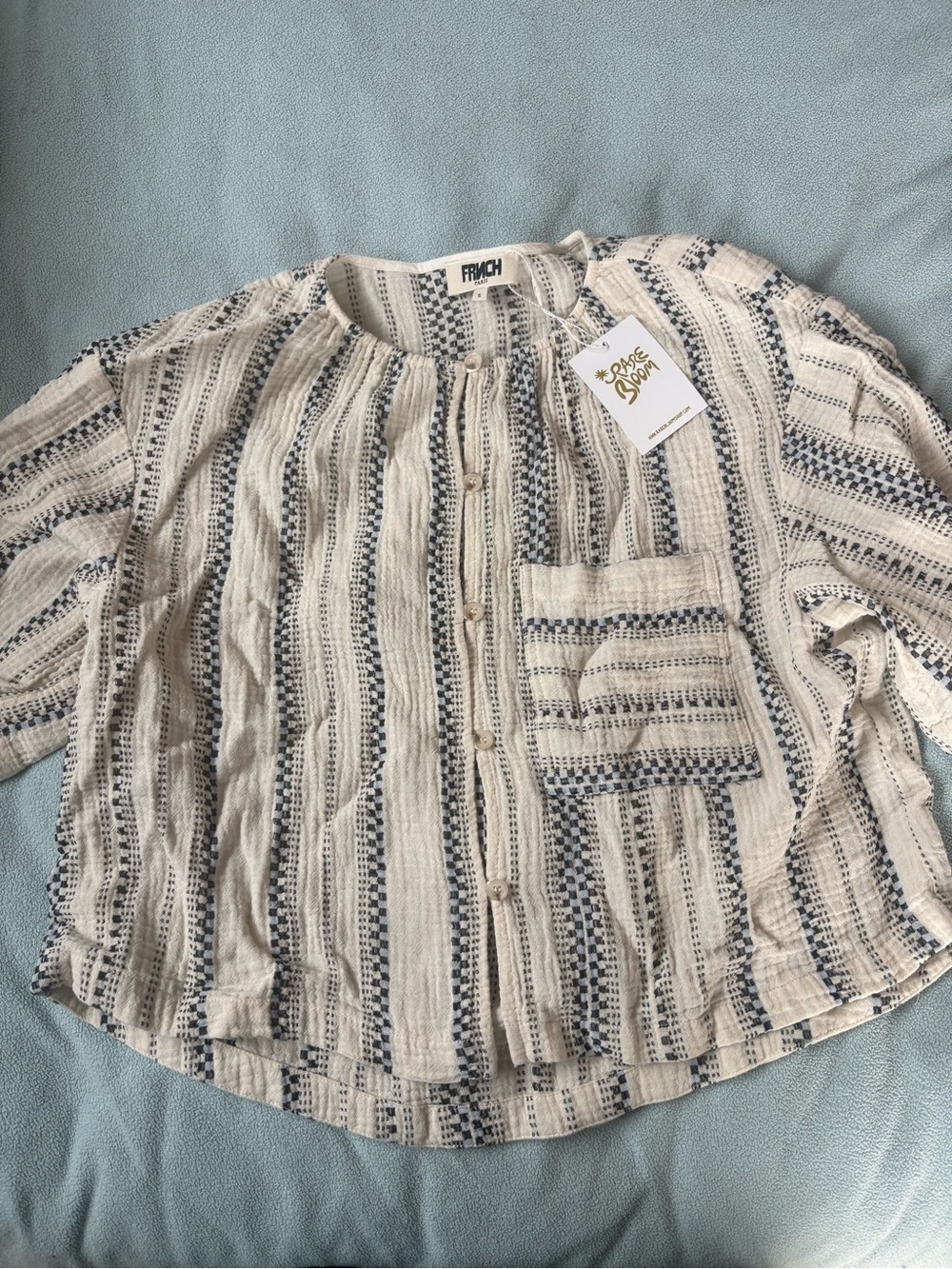 FRNCH Cream and Navy Striped Button-Down Pocket Shirt